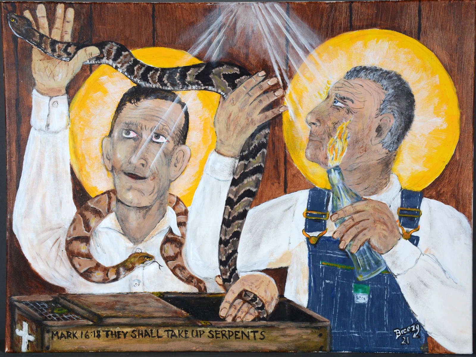 Dale Breezy Ellis. They Shall Take Up Serpents.: Dale Breezy Ellis. Mark 16:18 - They Shall Take Up Serpents. 2021. Signed, dated and titled. Oil on canvas. Excellent condition. 24"w x 18"h. Not framed. Est. $300-500. Ship: $45