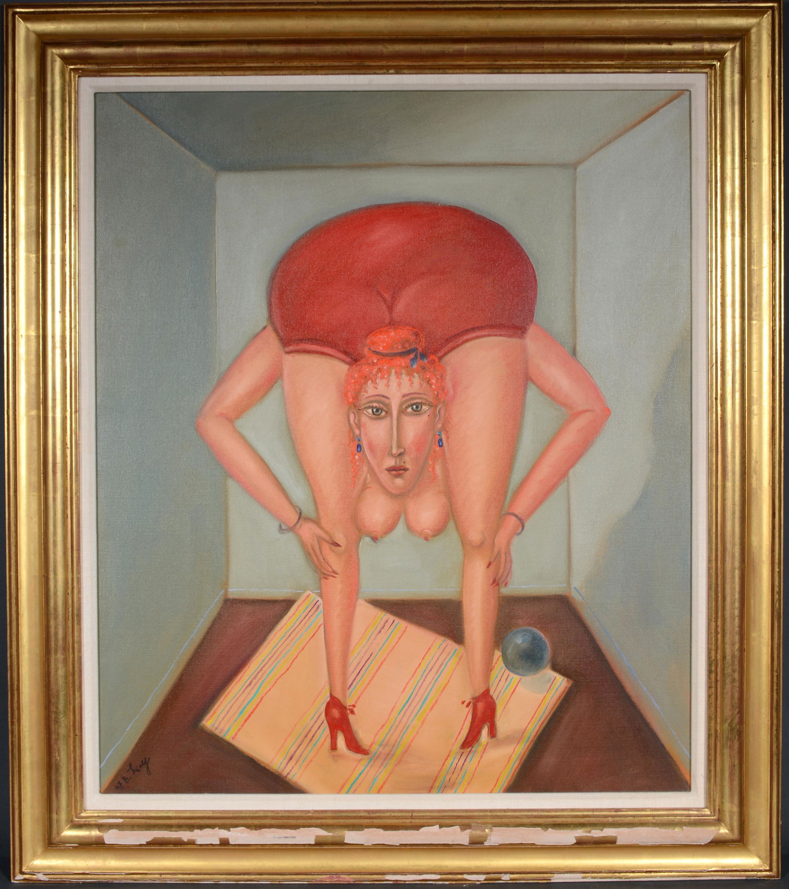 Benjamin Levy. Erotic Contortionist.: Benjamin Levy (b. 1940). Erotic Contortionist. 1997. Signed and dated. Oil on canvas. Painting is in excellent condition. Frame has lost gilding on bottom. 31"w x 35"h. Est. $600-900. Ship:â€ˆ$75