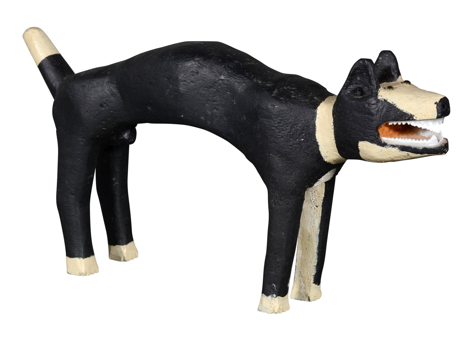 Denzil Goodpaster. Attack Dog.: Denzil Goodpaster. Attack Dog. Not signed. Carved and painted wood, plastic teeth and eyes. Repair to right front leg, otherwise great condition. 14"long x 8"h. Provenance: The Larry and Jane Schlacht
