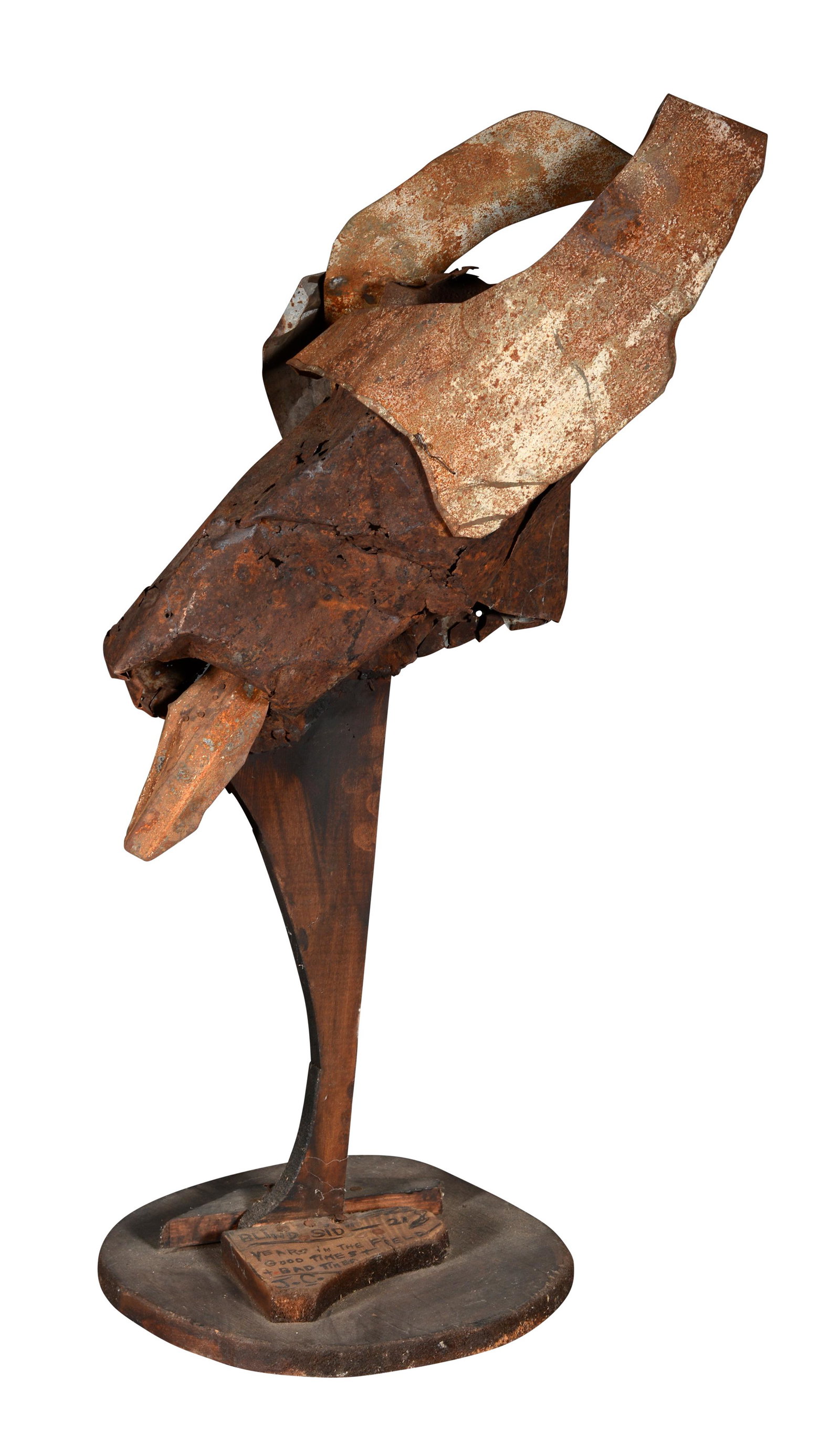 Jerry Coker. Blind Sid The Mule.: Jerry Coker (b. 1938). Blind Sid The Mule. Signed and titled. Found rusted tin on wood sculpture. Excellent environmental condition. 31"h x 12" diameter at base. Provenance: The Larry and Jane Schlach