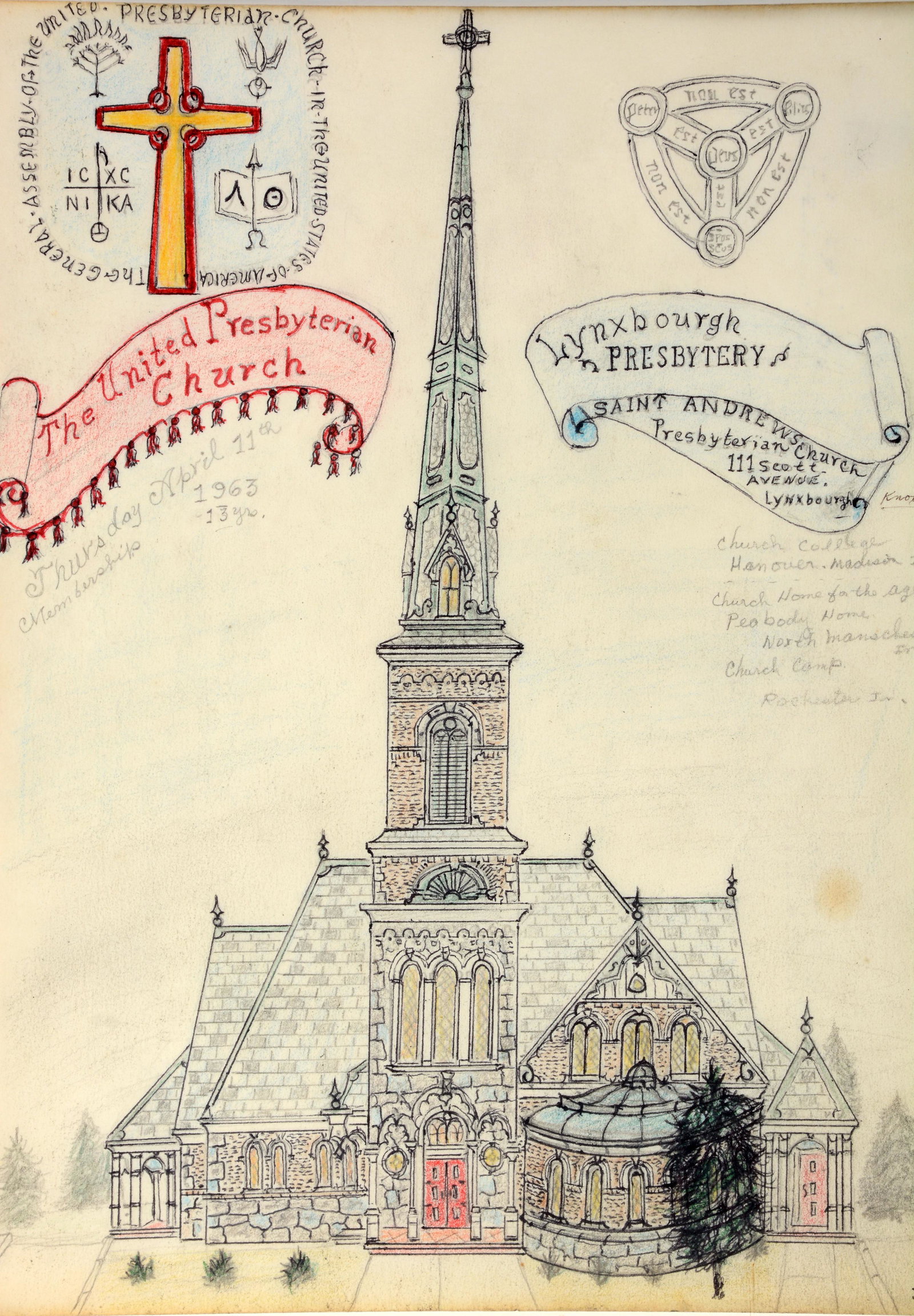 Jacques DuGlass. Presbyterian Church.: Jacques DuGlass (1898-1993). The United Presbyterian Church. 1987. Initialed, dated and titled. Colored pencil and ink on paper. Excellent condition. Image is 9"w x 12"h. Frame is 11"w x 15"h. Est. $8