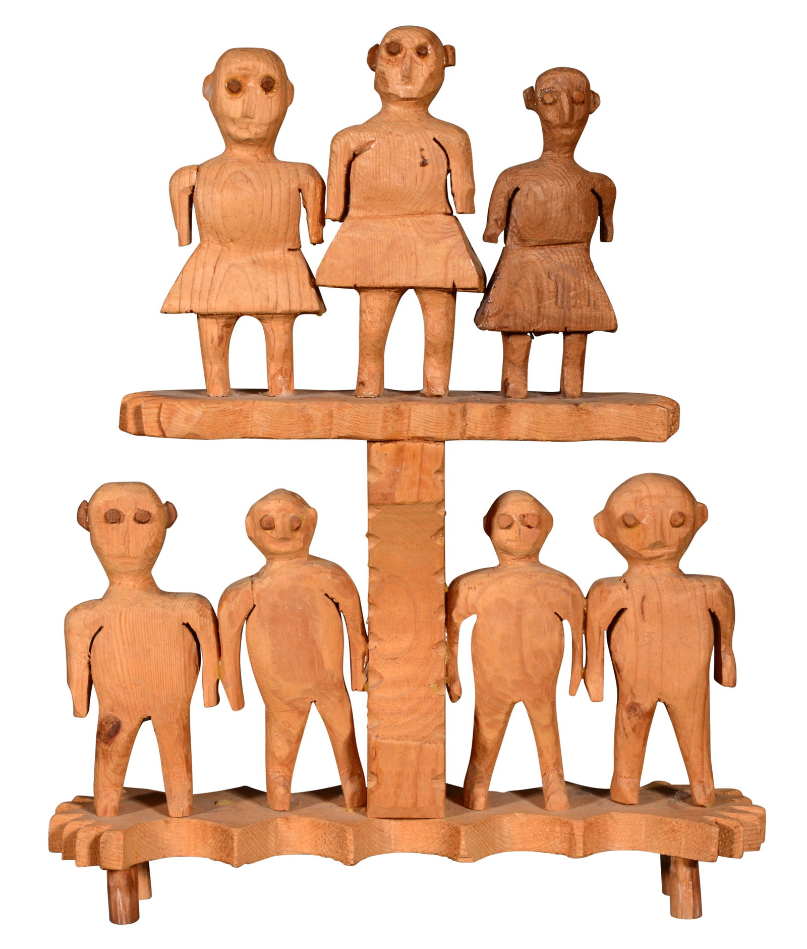 Herbert Baggett. Kid Rack Wood Carving.: Herbert Baggett. Kid Rack. Carved natural wood crudely glued to base. Great condition. 14"w x 18"h. Provenance: The Larry and Jane Schlachter Collection. Est. $200-300. Ship: $45