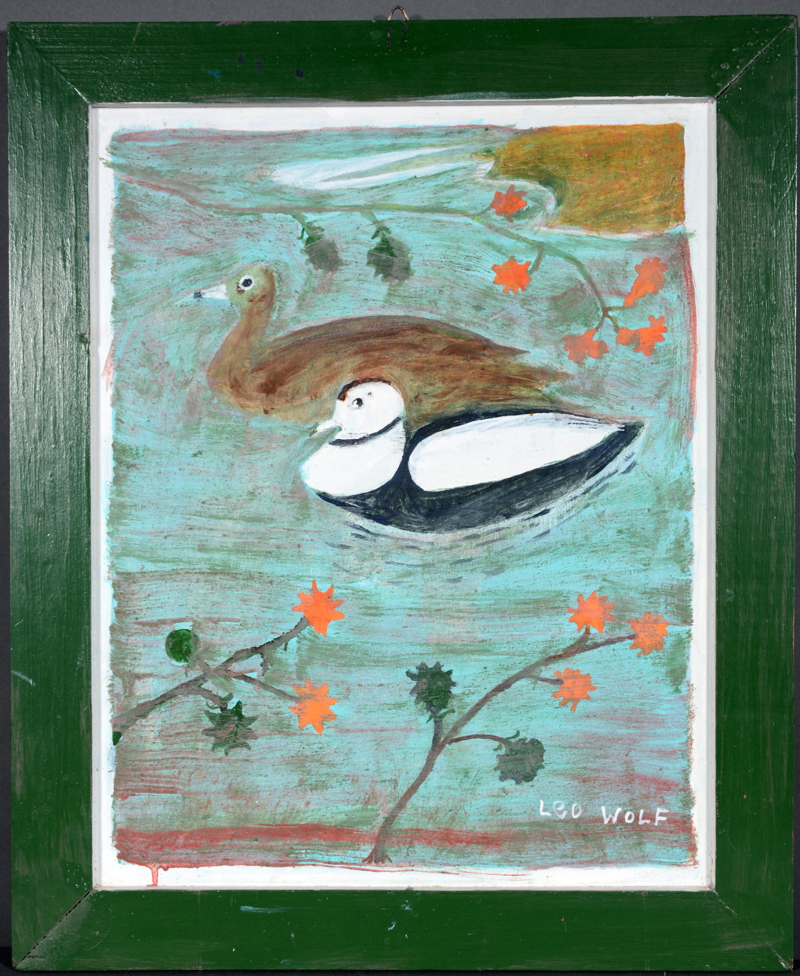 Leo Wolf. Ducks.: Leo Wolf. Ducks. Signed. Not dated. Paint on found panel. Excellent condition. 19"w x 23"h with frame. Est. $200-400. Ship:$45