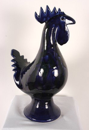 Edwin Meaders Blue Rooster with Green Drips.: Signed and dated, 8/20/03. 16"h. Mint condition. Est. $1,000-2,000. Ship: $65
