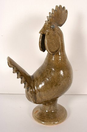 Edwin Meaders Green Rooster: Alkaline glaze. Signed. 14"h. Head cone has been repaired, otherwise good condition. Est. $400-600. Ship: $50