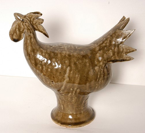 David Meaders Squawking Rooster.: Early green glaze. Missing tip of cone, otherwise great condition. Signed on bottom. c. late 1980's-early 1990's. 11"h. Est. $100-200. Ship: $65