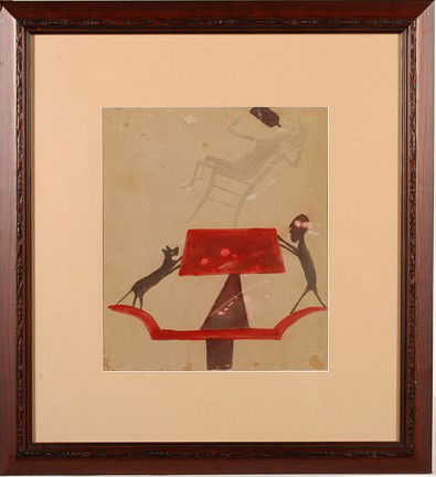 Bill Traylor Dog, Man & Drunk.: Watercolor and graphite on old discarded photo card. Some fading on drunkard and some water spots on figures. Some wear on corners. Image is 11" x 13". Framed to see both sides 22" x 24". Provenance: