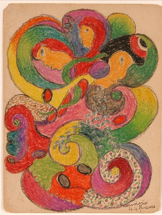 Minnie Evans Untitled.: Crayon on paper. Signed and dated, 1944. Excellent condition. Image is 9" x 12". Frame is 16" x 20". Provenance: Luise Ross Gallery, Estate #164. Exhibited at Arkansas Arts Center. Est. $2,000-3,000. 