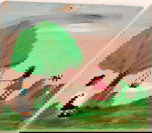 Clementine Hunter Babysitting and Swingset.: Paint on artist panel. Signed. c. 1960's. Purchased directly from artist by Emma Mason in 1960's. Numerous fingerprints on panel and nail hole on top where Hunter took the piece off the wall, otherwis