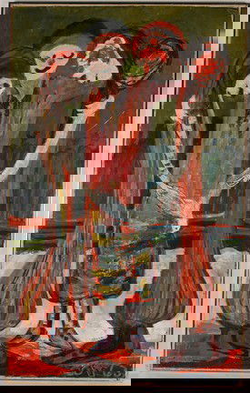 Jon Serl Playmates and Bird on Fence.: Oil on masonite. Signed and dated, 1963. A few stray scratches, otherwise great condition. 33" x 52"h with frame. Very large. Est. $2,000-3,000. Ship: $175