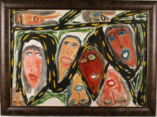 Thornton Dial Many Faces.: Paint and watercolor on paper. Initialed on lower left. Image is mint condition. Frame has some wear. Image is 40" w x 28" h. Very large. Frame is 46" x 34". Est. $2,000-3,000. Ship: $150
