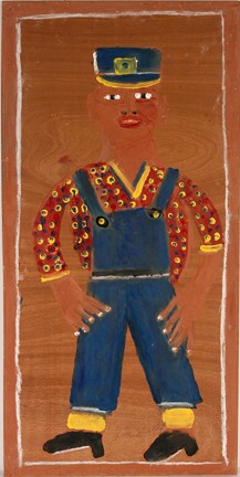 Jimmy Lee Sudduth Self-Portrait In Overalls.: Paint and mud on wooden board. Excellent condition. 24" x 48". Provenance: The Lynne Ingram Collection. Est. $1,000-2,000. Ship: $75