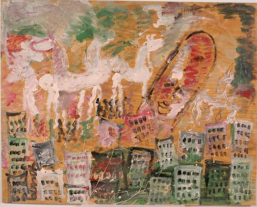 Purvis Young Horses Over the City.: Paint on wood. Signed. Excellent condition. 60" x 48". Est. $1,000-3,000. Ship: $300