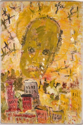 Purvis Young Crying Face Over City.: Paint on found metal. Signed. A few minor scapes on paint, but overall excellent condition. 23" x 35". Est. $500-800. Ship: $65