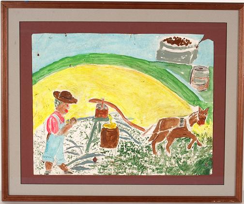 Sam Doyle Sugar Cane Stripping.: Watercolor and paint on paper. Signed and dated, 1982. Original condition problems. Found paper has various tears and nail holes. Image is 17" x 13.5". Frame is 23" x 19.5". Est. $1,000-1,500. Ship: $