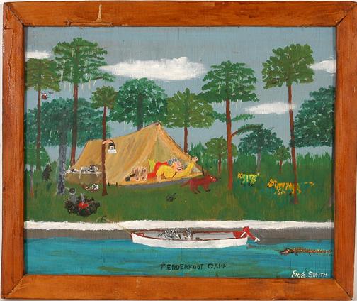 Frog Smith Tender Foot Camp.: Paint on panel board. Excellent condition. 20" x 17" including artist frame. Provenance: Betty-Carol Sellen. Est. $800-1,200. Ship: $35