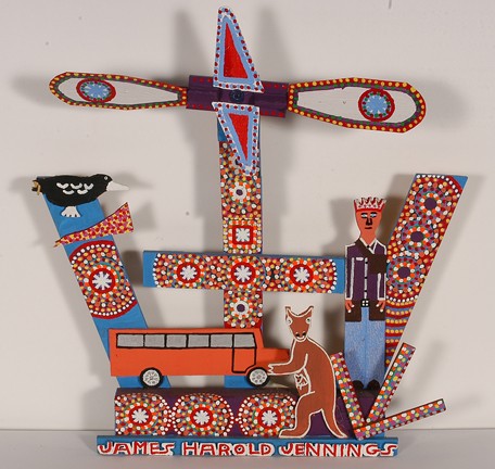 James Harold Jennings Self-Portrait Whirligig.: Self-Portrait Whirligig with Bus & Kangaroo. Signed, 1992. Painted wooden construction. Blackbird on left has broken tailfeathers. 25.5" x 26" x 3". Provenance: Lynne Ingram. Est. $500-800. Ship: $65