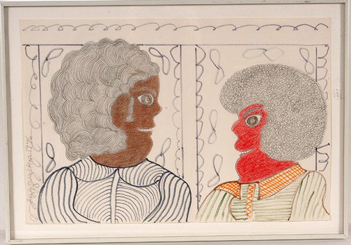 Inez Nathaniel Walker Bicentennial Bad Girls.: Colored pencil, crayon and marker on paper. Signed and dated, 1976. Image is 18" x 12". 20" x 14" with frame. Paper has a little ripple to it, otherwise excellent condition. Provenance: Dr. Regenia Pe
