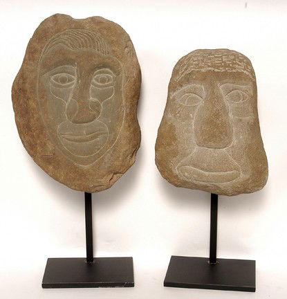 David Marshall Large Stone Faces.: Carved stone faces mounted on metal display bases. Tallest is 12" h. Not signed. Est. $300-500. Ship: $65
