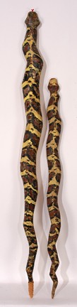 Carl McKenzie Rattlesnakes.: Carved and painted wood, plastic for tongue. Largest is 39.5" x 3". Signed. Excellent condition. Est. $300-500. Ship: $4