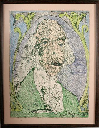 Ike Morgan George Washington.: Paint, marker and crayon on paper. Signed. Very large work. Excellent condition. Image is 22" x 29". Frame is 28" x 36". Est. $500-800. Ship: $85