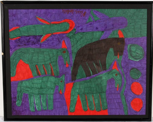 Willie White Four Large Horses.: Maker on posterboard. Signed, c. 1993. A few waterdrops visable, otherwise excellent condition. Image is 28" x 22". Frame is 31" x 25". Est. $200-300. Ship: $45