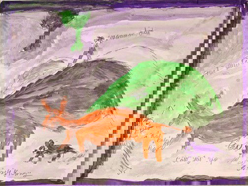 Charlie Kinney Story Of The Cow.: Watercolor and pencil on posterboard. Good condition. 22" x 16". Provenance: Betty-Carol Sellen. Est. $200-300. Ship: $35