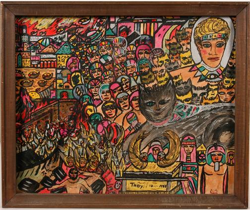 Troy Gaylon Phillips Cat Over Alien Crowd.: New Discovery! Troy Gaylon Phillips 1943-1995, Memphis, TN. All of these works were discovered after Phillips' death, discarded on the sidewalk outside his home. Ink and watercolor on paper. Signed an
