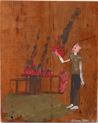 Clint Griffin Devil's On Fire.: Paint on found board. Signed and dated, 2008. 7.5" x 9.25". Est. $200-400. Ship: $25