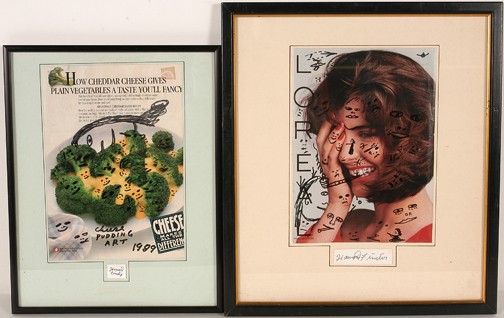 Howard Finster Decorated Magazine Pages.: Marker and magazine pages. Signed and dated, 1989. Excellent condition. Largest is 11" x 14" including frame. Howard decorated these magazine pages while flying to a show with Atlanta Gallery owner, R