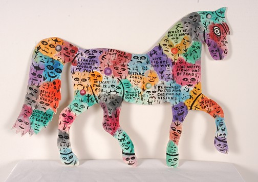 Howard Finster Horse, #7,481.: Signed and dated, March 18, 1988. 21.5" x 18". Excellent condition. Est. $400-600. Ship: $35