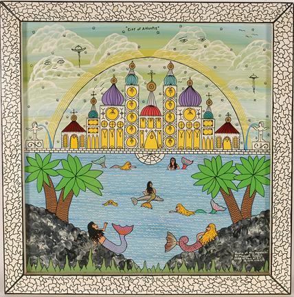 Michael Finster Home Of The Mermaids, #2,288.: Paint on wood. Artist framed. Signed and dated, 1991. Excellent condition. 24" x 24". Est. $200-300. Ship: $35