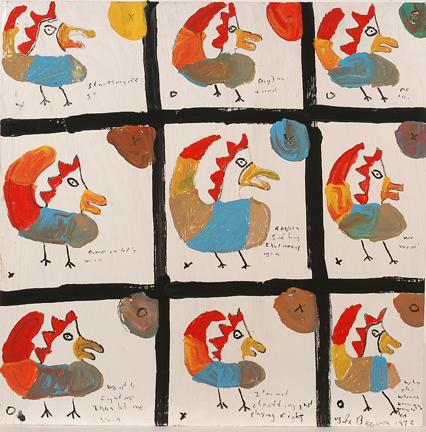 The Beaver" Nine Panels of Roosters.: Paint on board. Signed and dated, 1993. Excellent condition. 24" x 24". Est. $200-300. Ship: $35