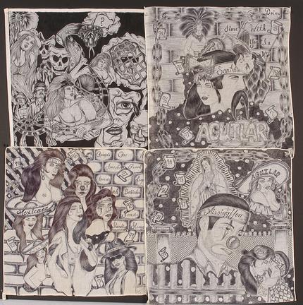 Texas Chicano Prison Artists Four Panos.: Ink on handkerchief. Some are signed and dated. 14" x 14". Excellent condition. Est. $200-400. Ship: $20