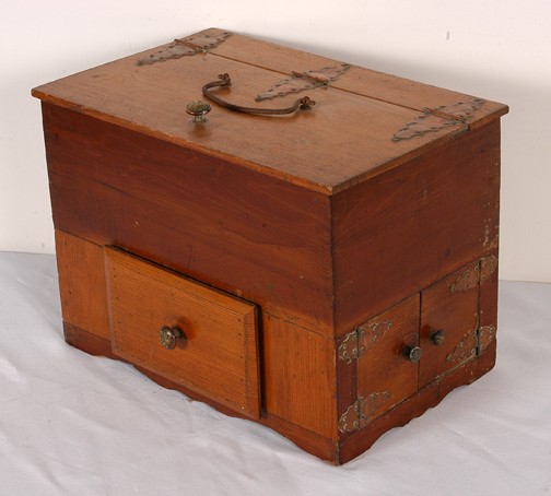 Keep-Safe Puzzle Box.: Wooden construction with military uniform buttons for pulls. Old linseed oil puddy tin used inside box for pen holders. Must pull secret latches to open hidden drawers. Wonderful and clever box. Very 