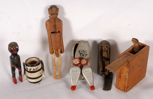 Five Erotic Surprise Carvings.: All carved and stained or painted with action. "NoNo" Man, Coffin Man, King Tut has girlfriend inside with him, rare and never-seen-before "attack" snake. Pull-down wooden top and snake springs out of