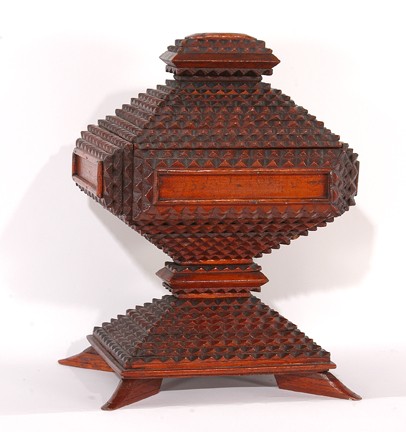 Tramp Art Pyramid Boxes.: Chip-carved and varnished wood. Excellent condition. 10" h x 7.5"x 6". Est. $200-400. Ship: $35
