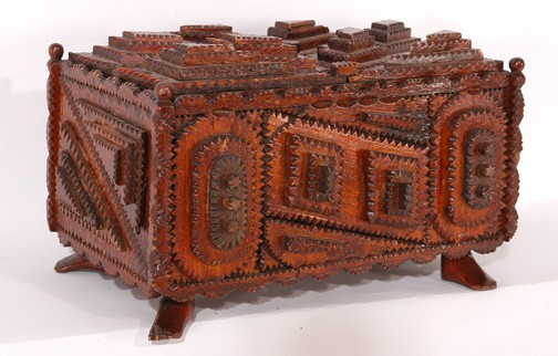 Tramp Art Cigar Boxes.: Chip-carved wood, varnish, lined with felt. Carved feet. Excellent condition. 5.5"h x 9" x 5.5". Est. $100-200. Ship: $35