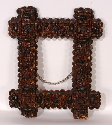 Tramp Art Frame.: Carved bark. 13.5" x 16". Est. $10-15. Ship: $25