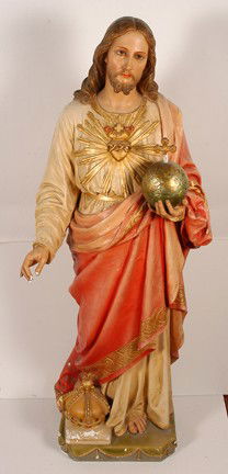 Life Size Jesus w Golden Globe Statue.: Plaster with paint. Some plaster and paint are chipped, otherwise very good condition. 16" x 14" x 57". Est. $300-500. Buyer is responsible for shipping.