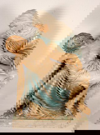 Mary w Dying Jesus Plaster Sculpture.: Plaster and paint. Damage to Jesus' right foot. Some paint flakes, otherwise great condition. 27" x 19" x 42". Est. $300-500. Buyer is responsible for shipping.