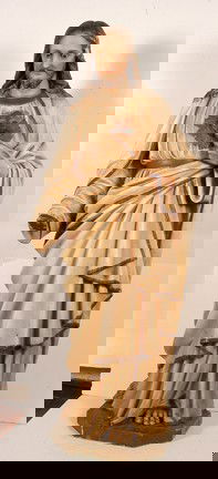 Life Size Jesus w Sacred Heart Statue.: Plaster with paint. Missing right hand. Head has been broken and pieced back together. Paint loss, poor condition. 17" x 16" x 61". Very large. Est. $100-200. Buyer is responsible for shipping.