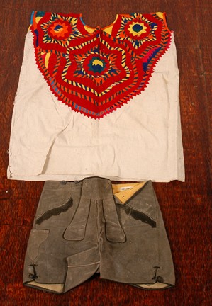 Howard Campbell Outfit #1: Lederhosen. Leather Shorts and Embroidered Poncho Shirt. Cross-cultural lot. Est. $50-100. Ship: $25