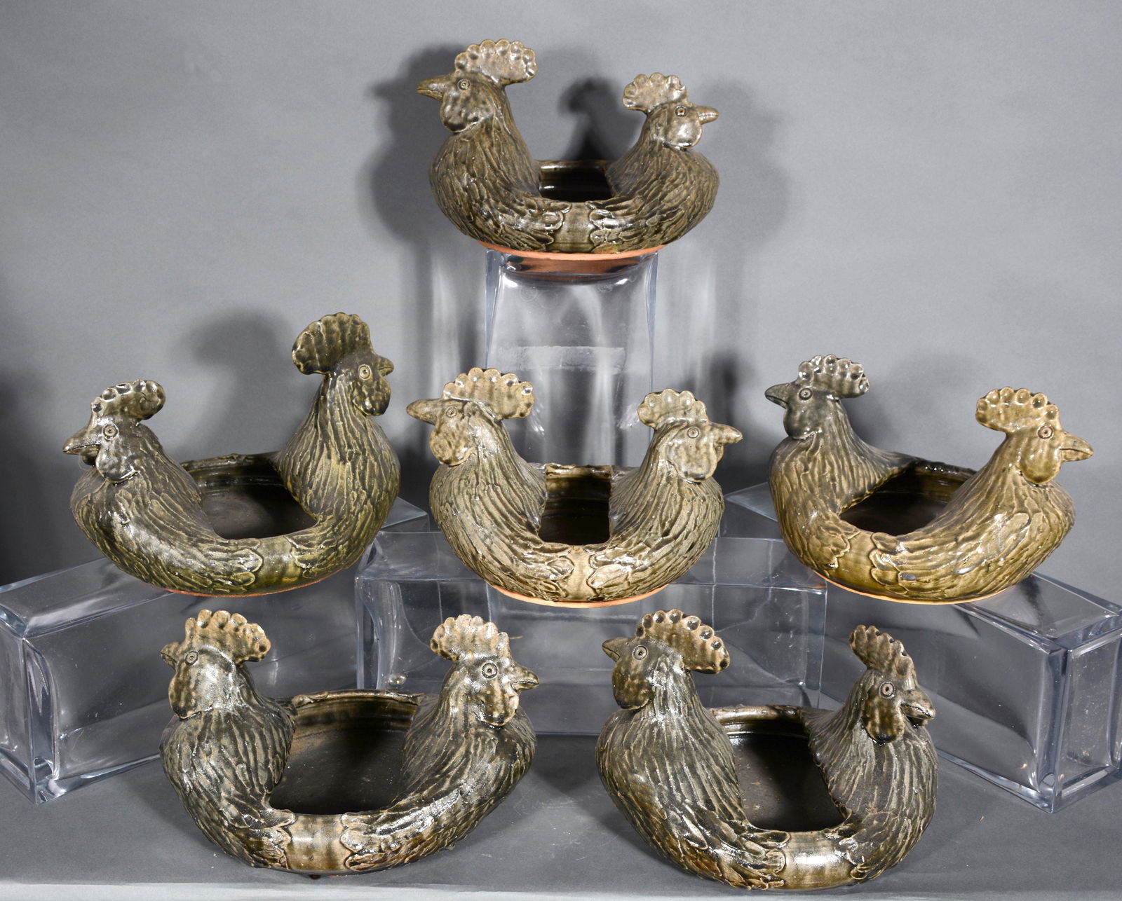 John Meaders. 6 Double-Headed Rooster Planters. (1 of 3)