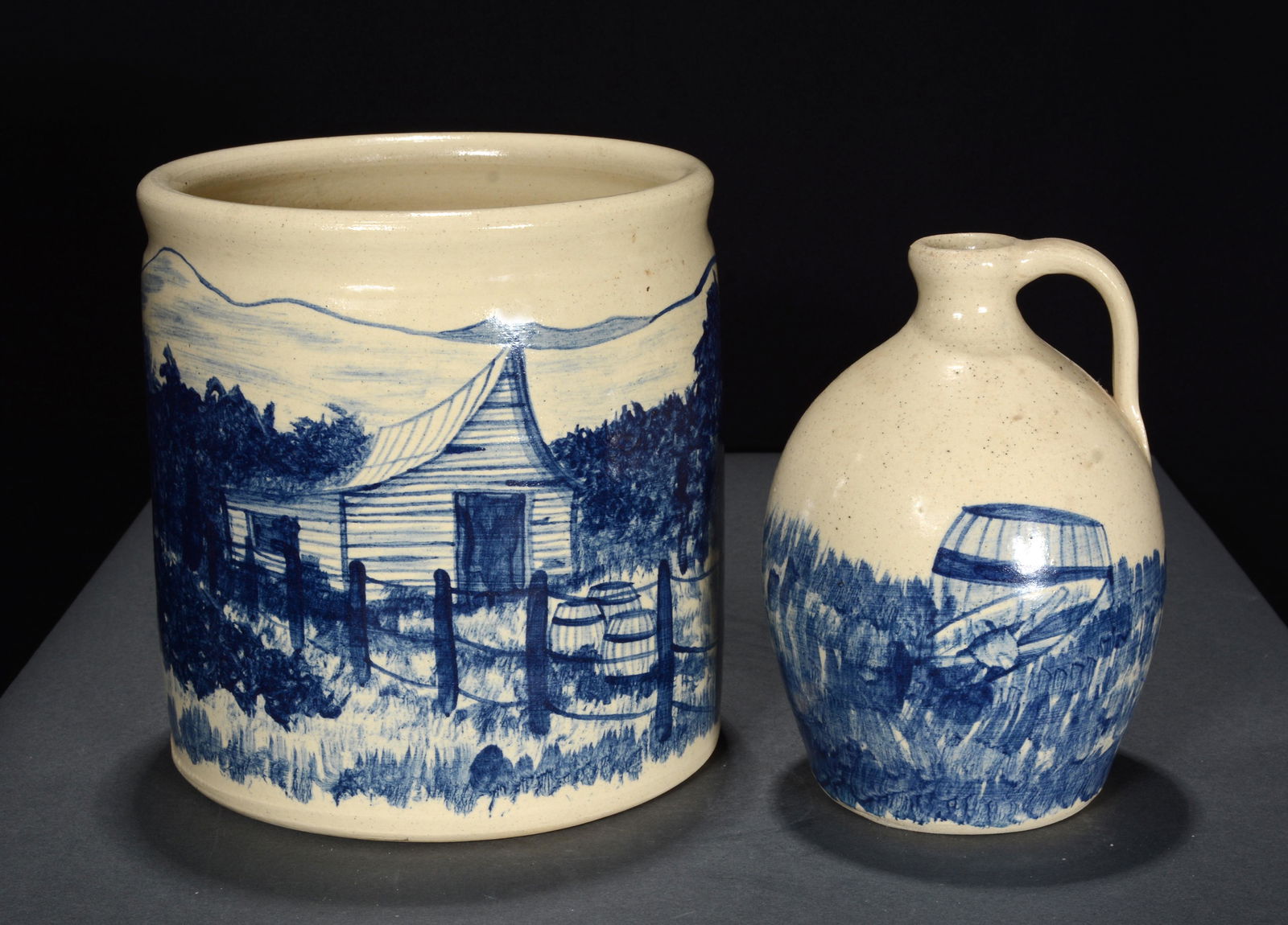 M. & M. Crocker. Blue Decorated Crock & Mini Jug. (1 of 2)