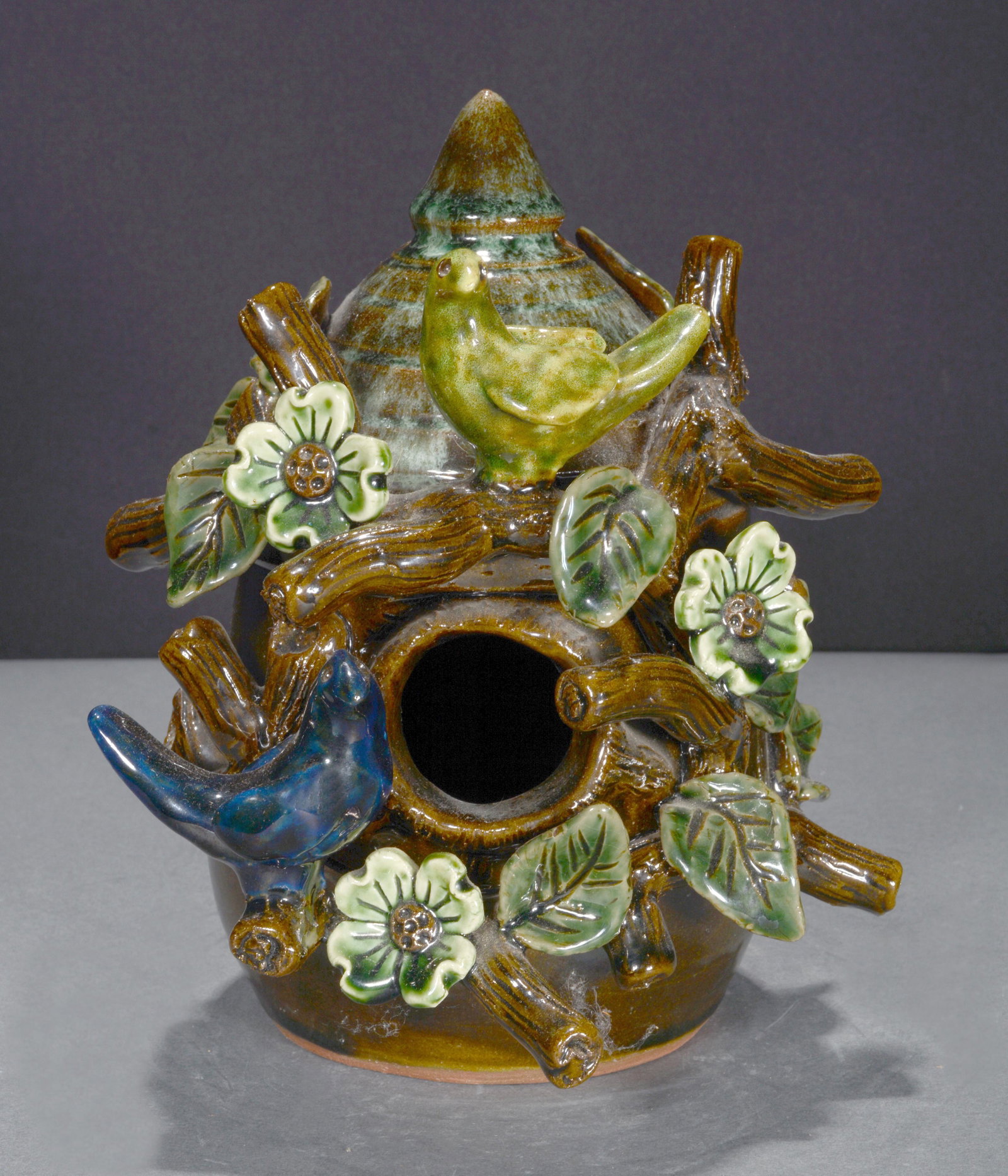 Dwayne Crocker. Birdhouse With Dogwood and Bird.: Dwayne Crocker. Birdhouse With Dogwood and Bird Motif. 2005. Signed and dated. 9"h. Mint condition. Est. $100-200. Ship: $55