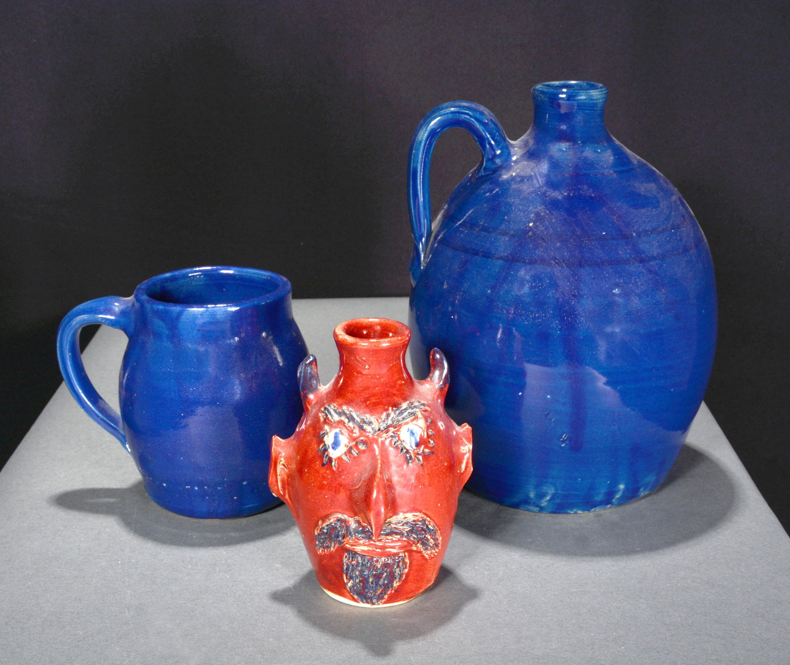 Jerry Brown. Blue Jug & Mug & Red Mini Devil Face Jug. (1 of 3)