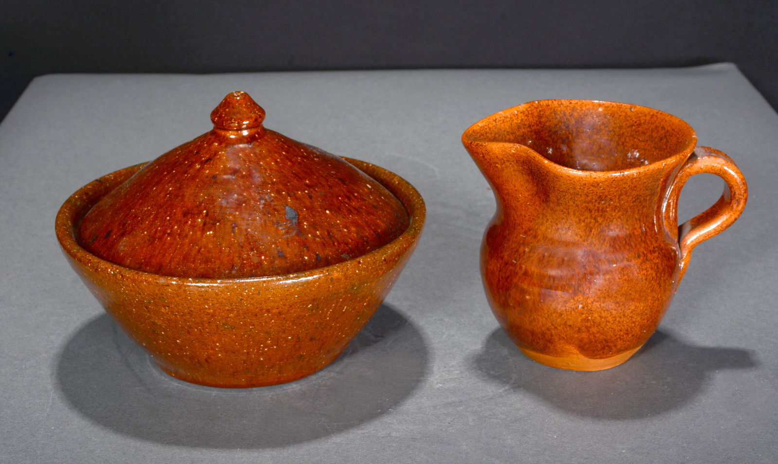 Jugtown. 2 Piece Speckled Brown Glaze Group. (1 of 3)