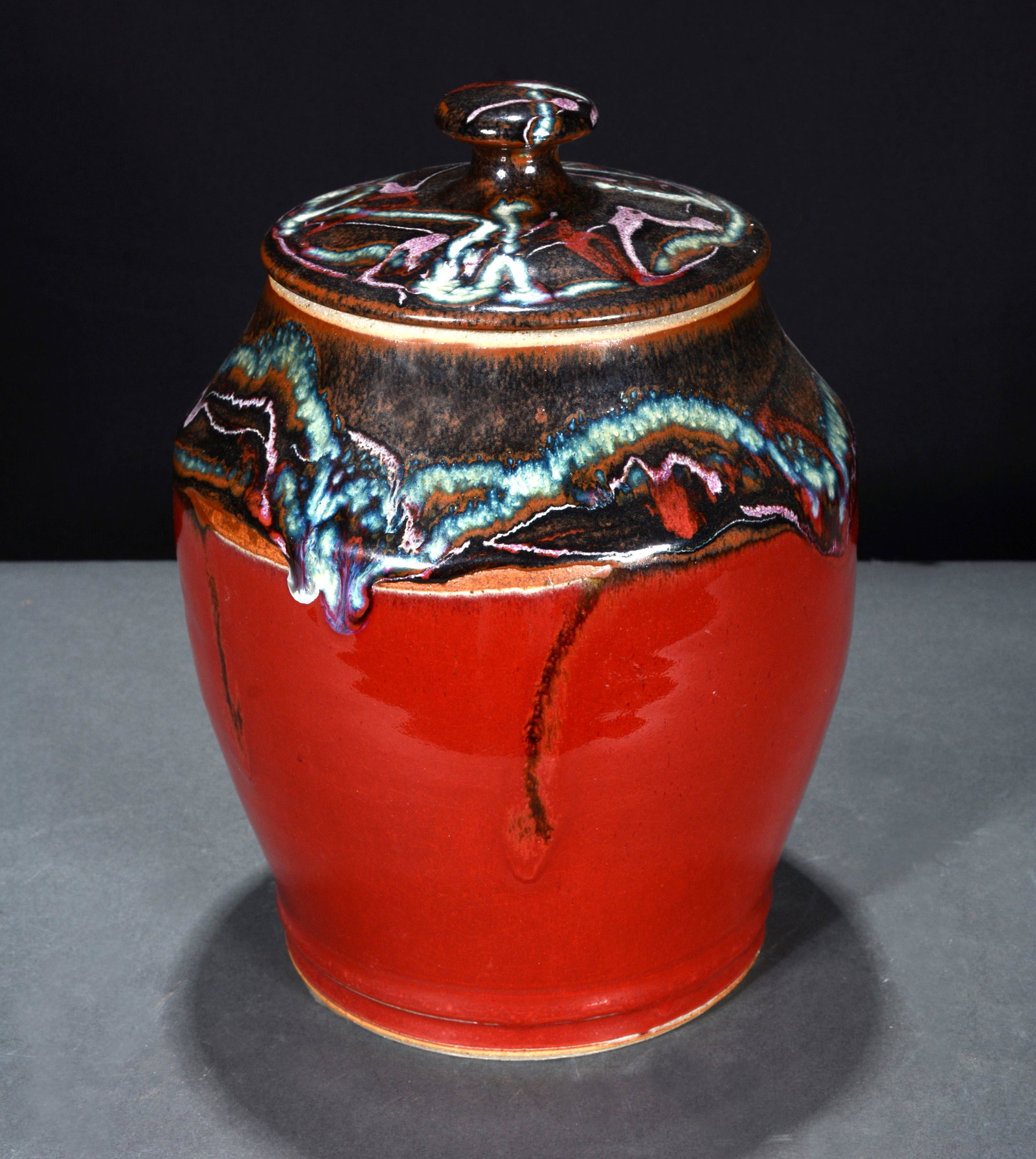Benjamin Burns. Red Cookie Jar With Lid & Top. (1 of 3)