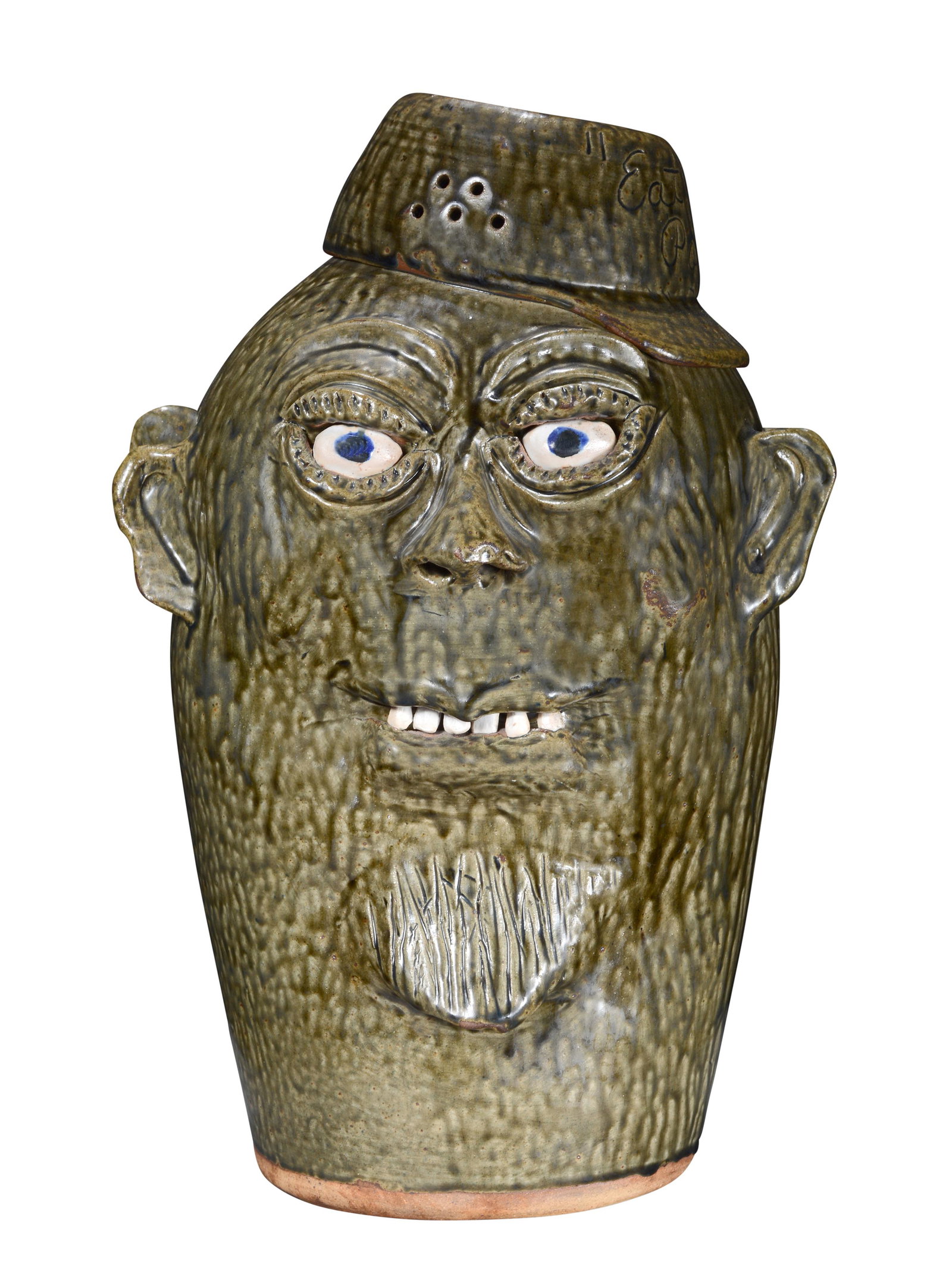 Cleater & Billie Meaders. Eat More Possum Dbl Face 5 Gallon Face Jug.: Cleater & Billie Meaders. Eat More Possum Double Face Five Gallon Face Jug. 1992. Signed, dated and titled. One side has rock teeth. One side has clay teeth. Great tobacco spit glaze. Mint condition. 